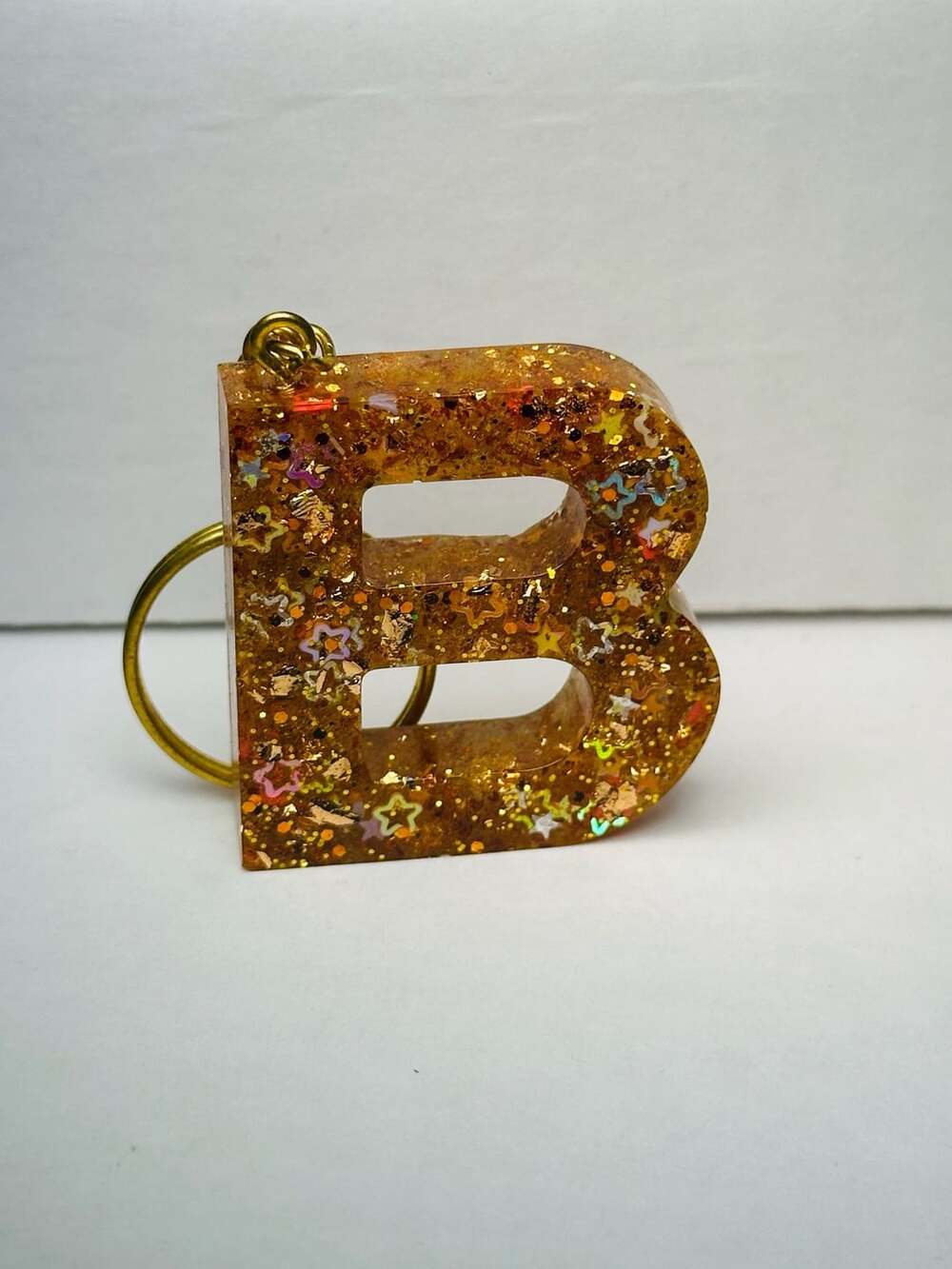 Handmade Resin Initial Letter B Keychain with Gold Flakes and Glitter